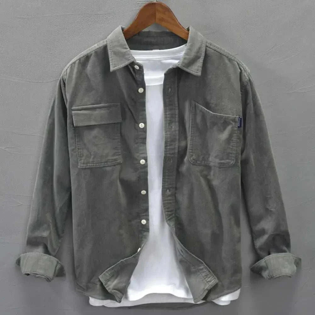 Corduroy cargo spring shirt, men's casual elegant style, solid pattern.