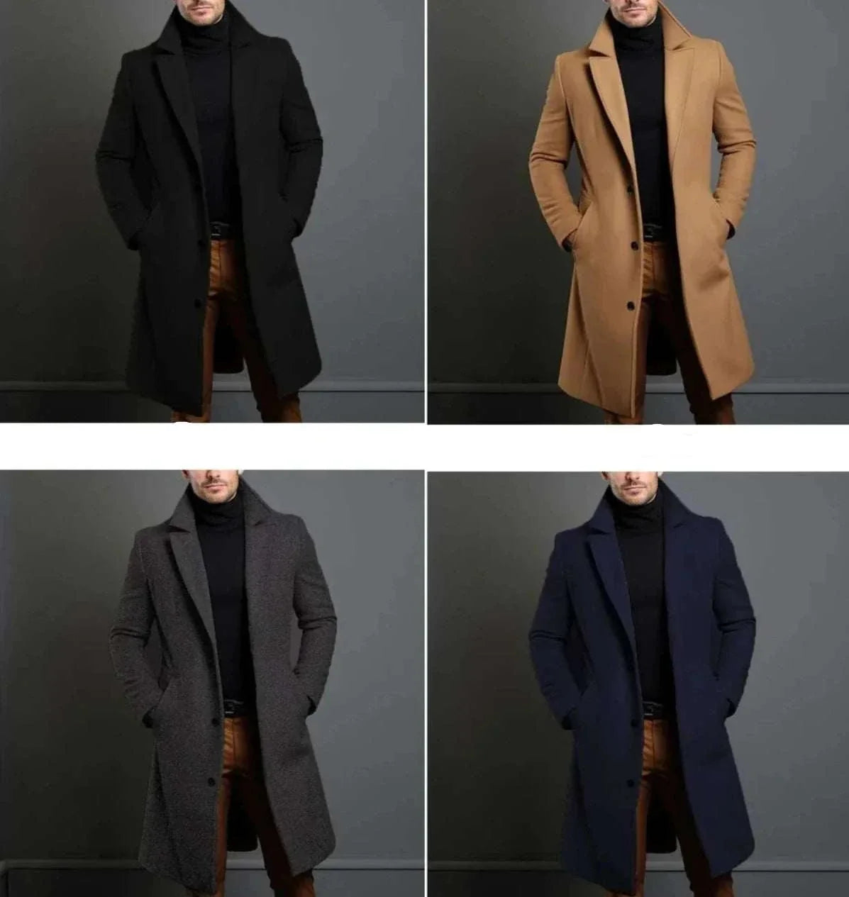 Men's perfect fall coat in black, tan, gray, and navy colors, ideal for autumn and winter.
