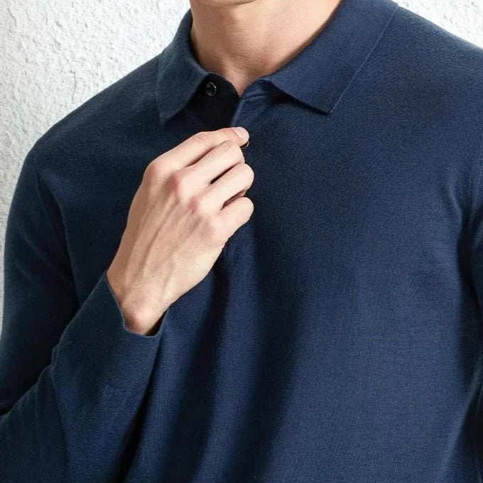 Slim fit wool autumn sweater for men in navy blue, cotton blend, stylish and comfortable.