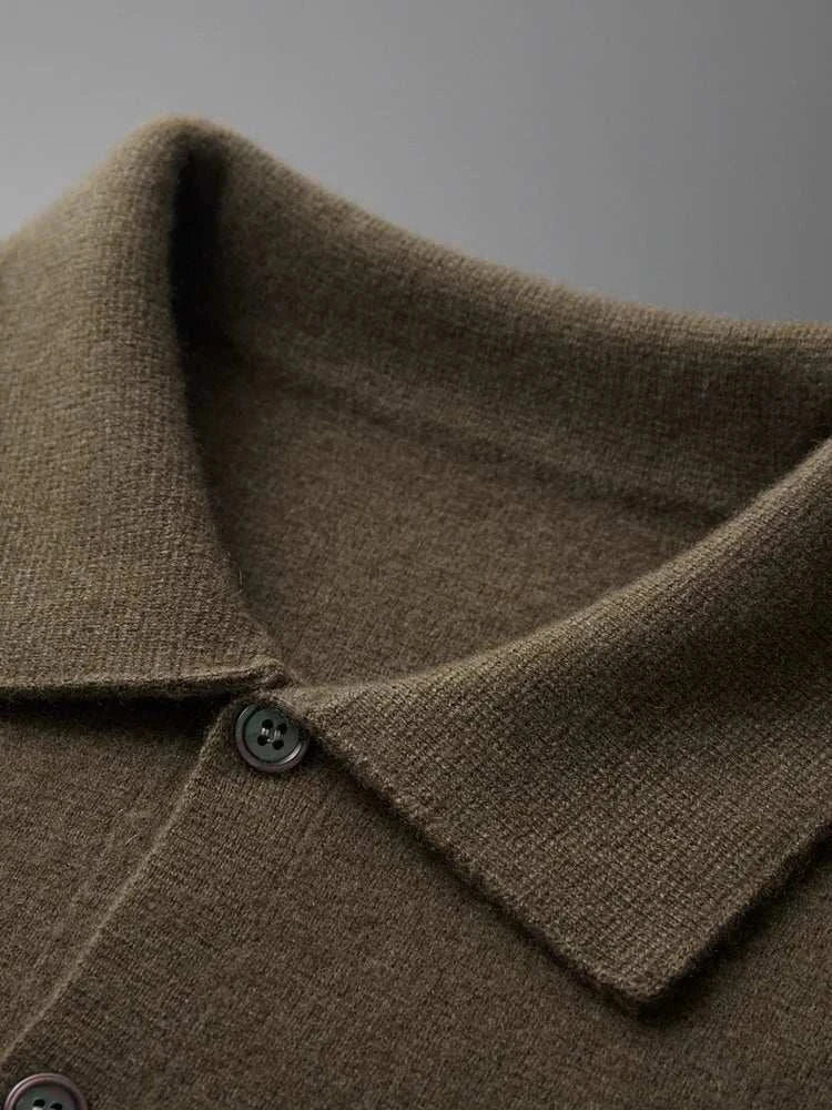 Antonios wool polo collar cardigan close-up with button detail.