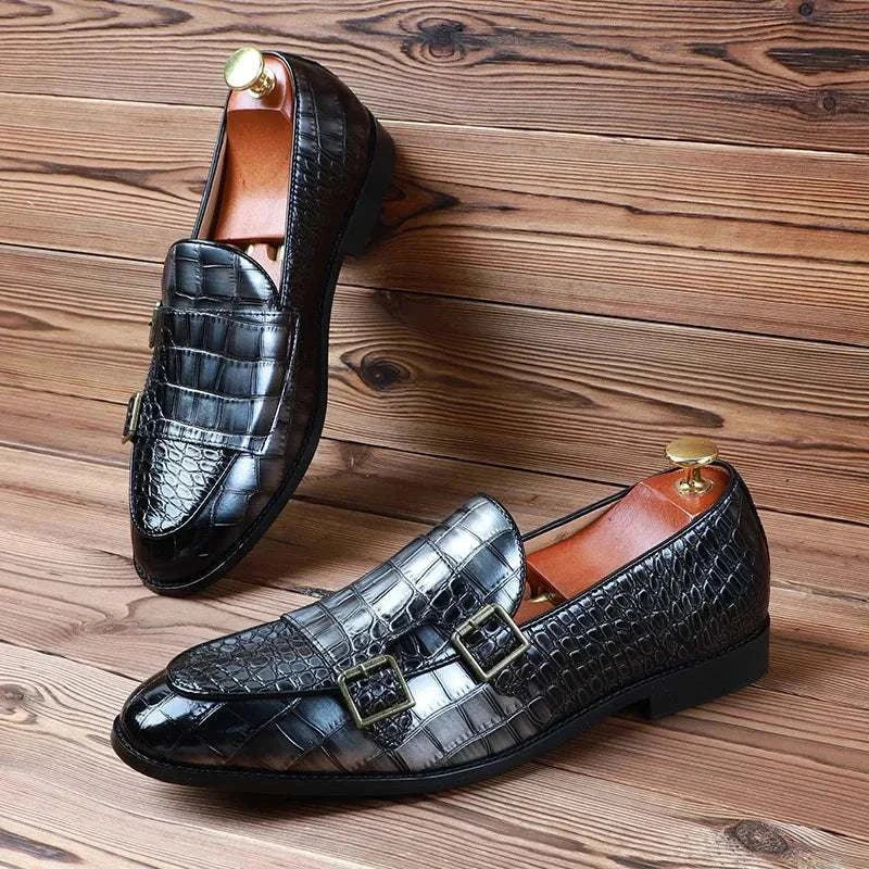 Crocodile pattern microfiber shoes for men, stylish and comfortable.