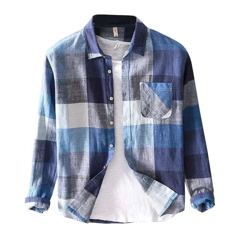 Linen-cotton plaid shirt for men in blue, casual and elegant, ideal for spring/summer.