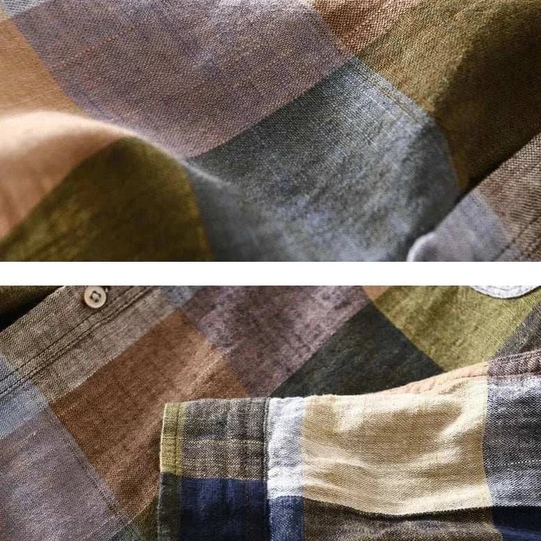 Linen-cotton plaid shirt in earthy tones showcasing detail of fabric.
