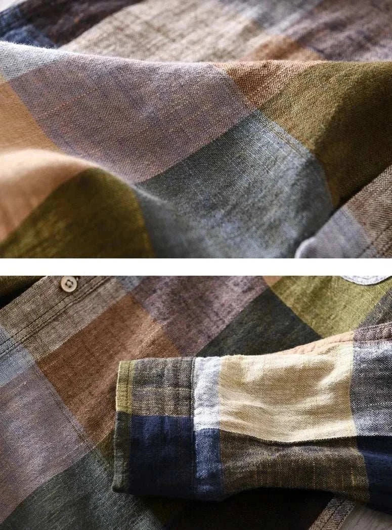 Linen-cotton plaid shirt in earthy tones showcasing detail of fabric.