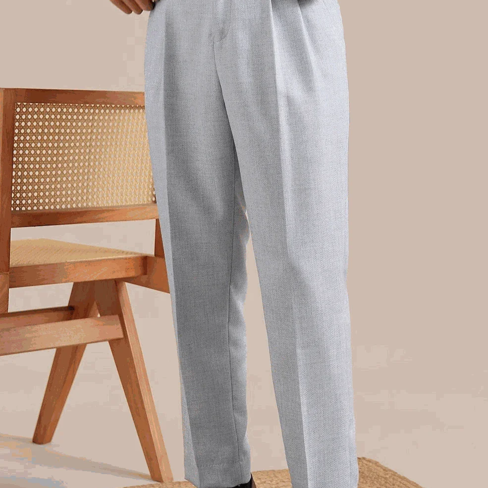 Antonios classic business pants in light grey, British tailored fit, full-length polyester-viscose blend.