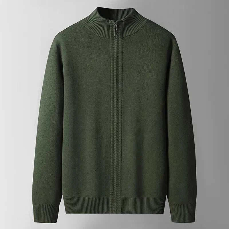 Green autumn zipper cotton cardigan for men, comfortable and warm.