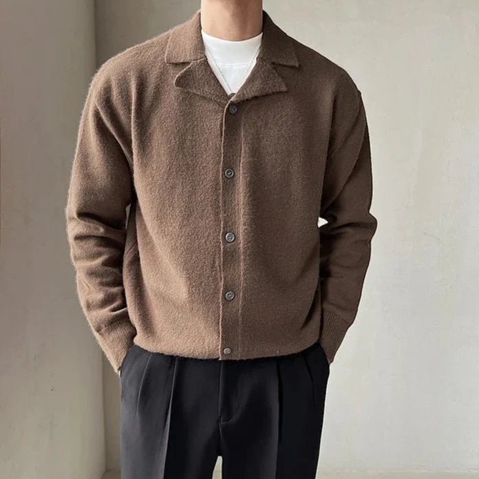 Oxford fall cardigan in brown, casual elegant style for men, perfect for autumn/winter.
