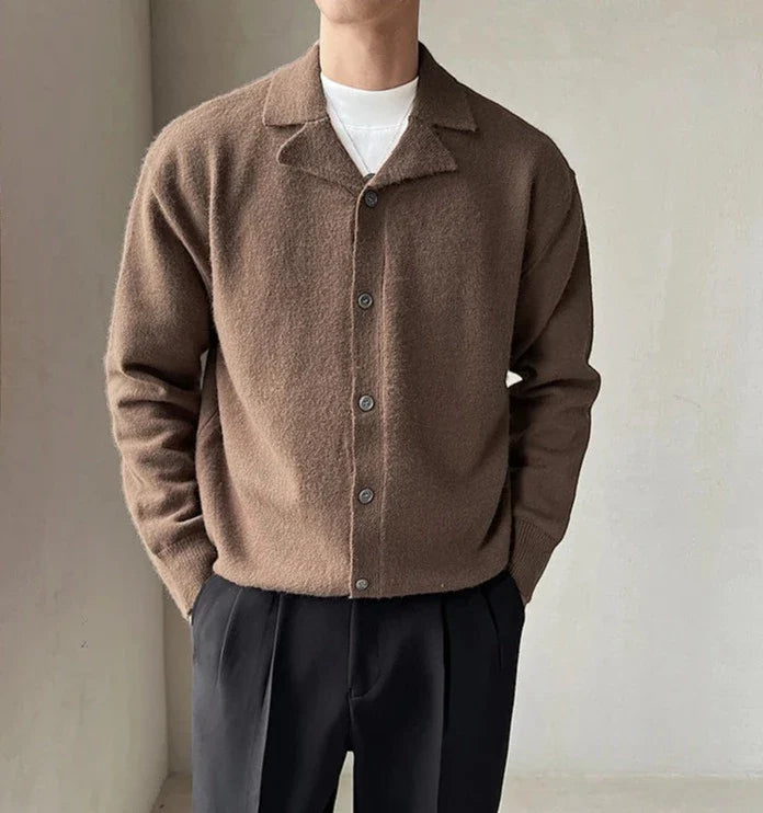 Oxford fall cardigan in brown, casual elegant style for men, perfect for autumn/winter.
