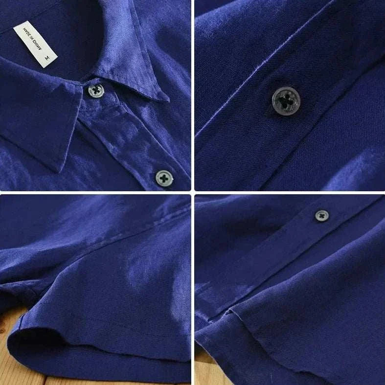 Blue linen short sleeve summer shirt, stylish and breathable for men.
