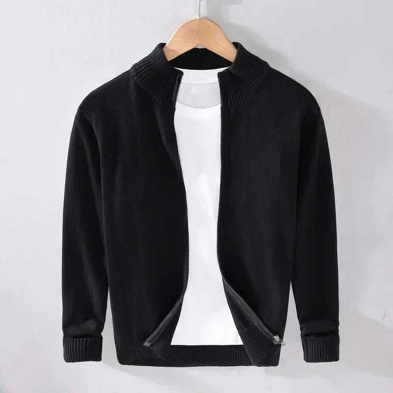 Smart casual cardigan for men in black, 100% cotton, on hanger.