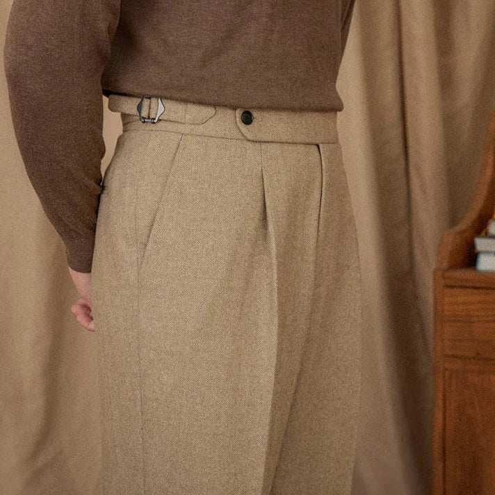 Wool winter Italian trousers for men in beige, showcasing style and comfort.