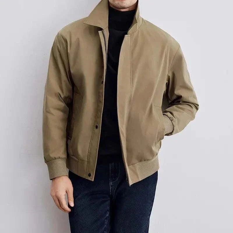Korean bomber winter jacket for men in beige, made of cotton and polyester blend, offering comfort and warmth.