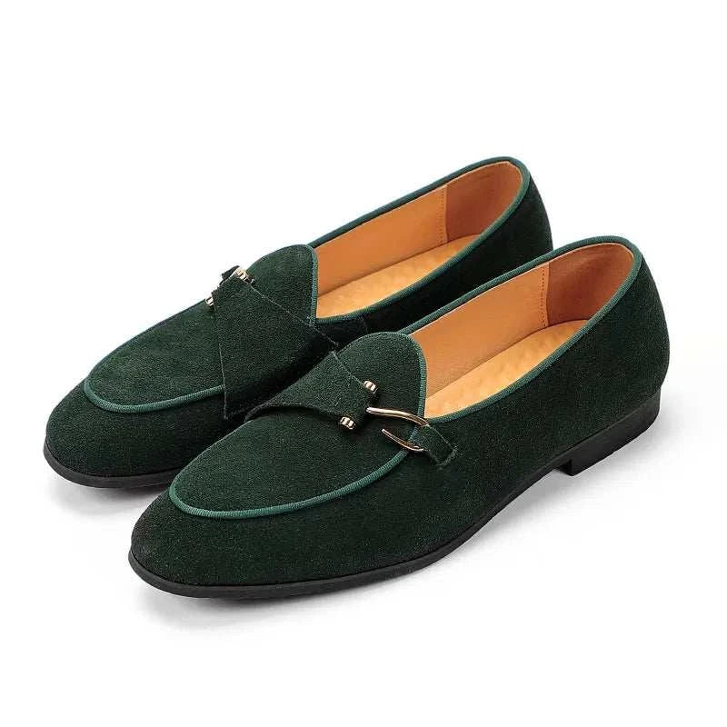 Elegant suede leather loafers in green for men, breathable and comfortable.