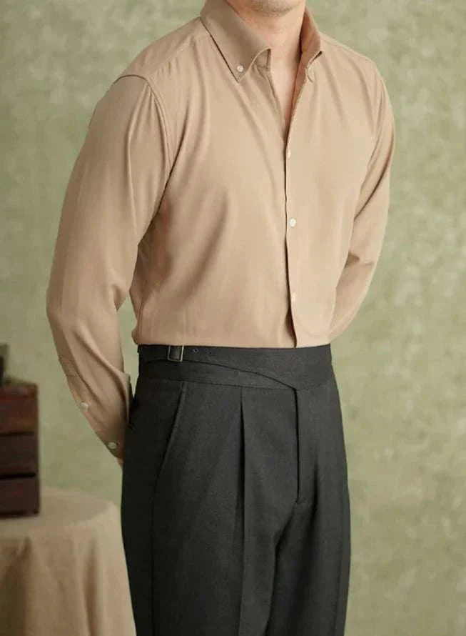 Spring pointer collar long sleeve shirt for men, casual and elegant style, made of polyester and spandex.