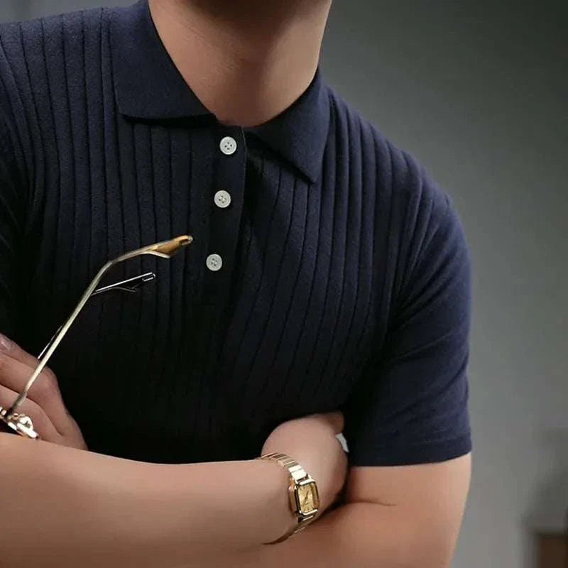 Men's British polo collar t-shirt with striped pattern, ideal for smart casual office wear.