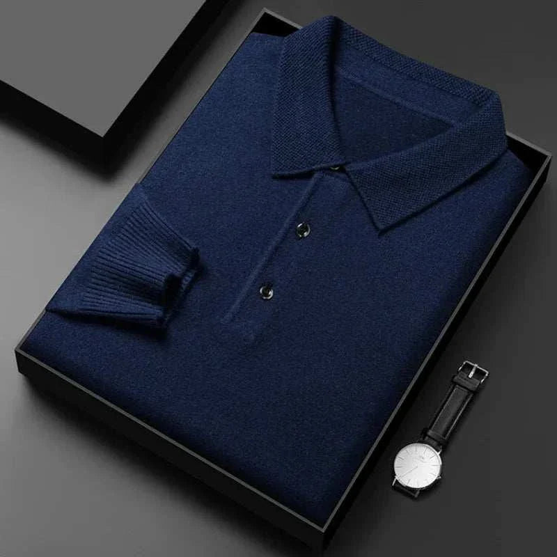 Antonios polo sweater with buttons in navy blue folded in a box.