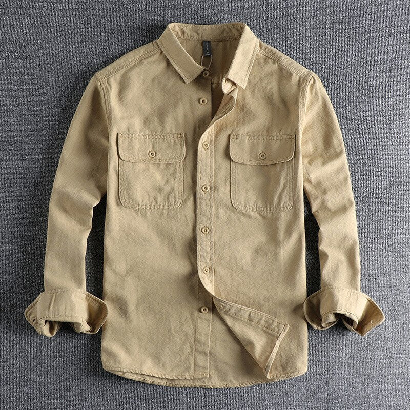 Vintage-Retro Cotton Shirt for men with solid pattern, breathable fabric, and casual style.