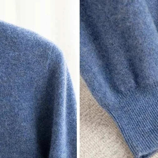 Close-up of blue business wool turtleneck sweater fabric and cuff details.