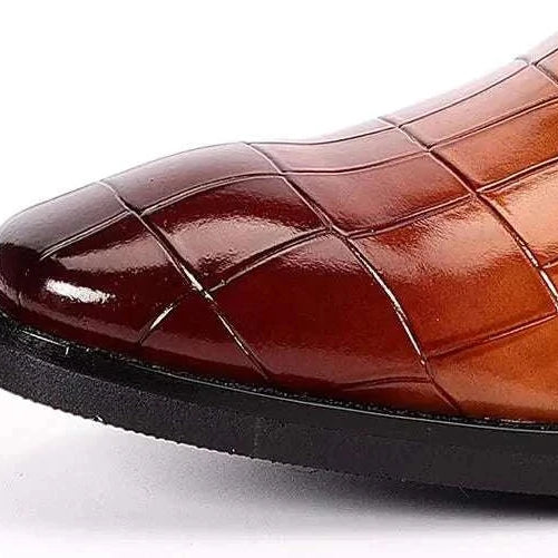 Oxford triple strip-on shoes with intricate perforations and cushioned insole for men's comfort.