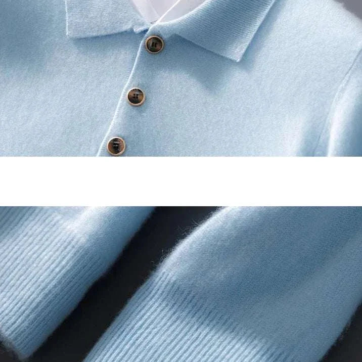 Light blue men's cold season pure wool sweater with button details.