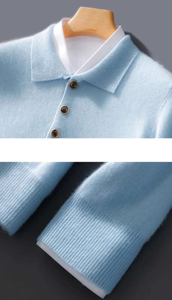 Light blue men's cold season pure wool sweater with button details.