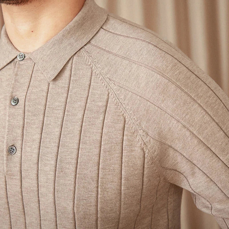 Men's woolblend sweater with ribbed texture and buttoned collar in beige.