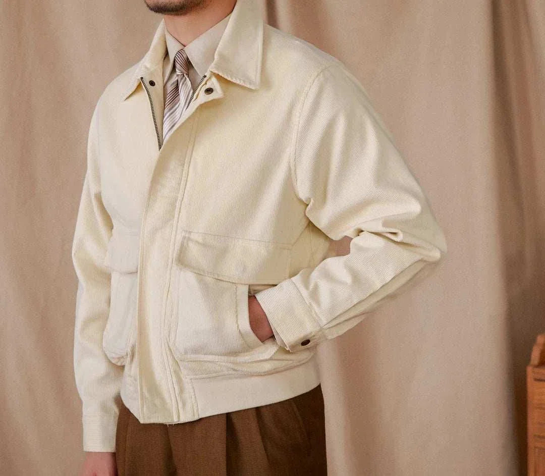 Men's pure cotton bomber jacket in beige, stylish and comfortable design.