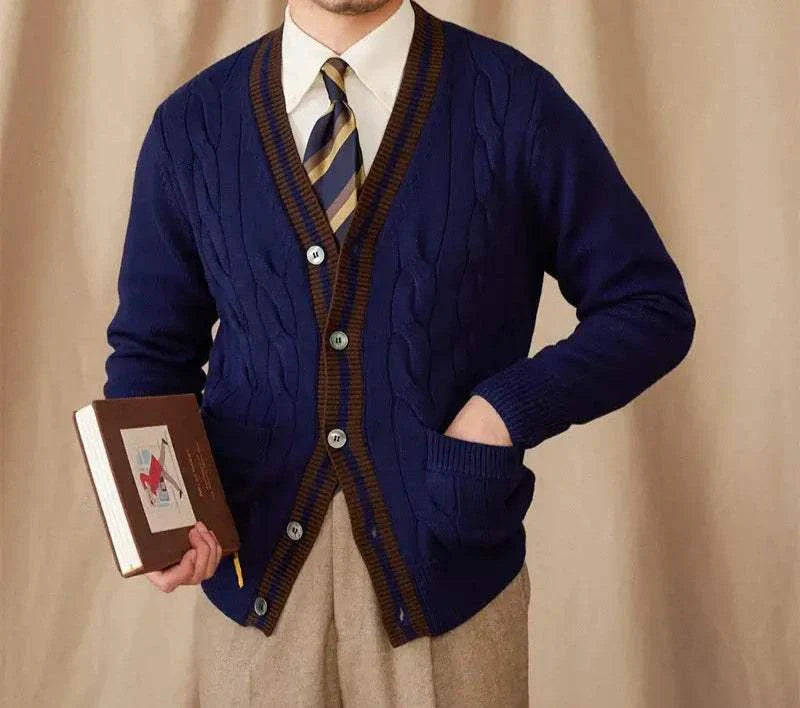 Antonios twisted knit cardigan in vintage Italian style on a model holding a book.