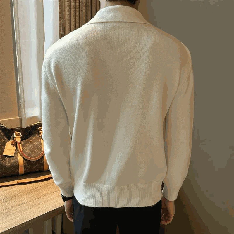 Business casual knitted cardigan for men in white, made from 100% acrylic, perfect for all-season wear.