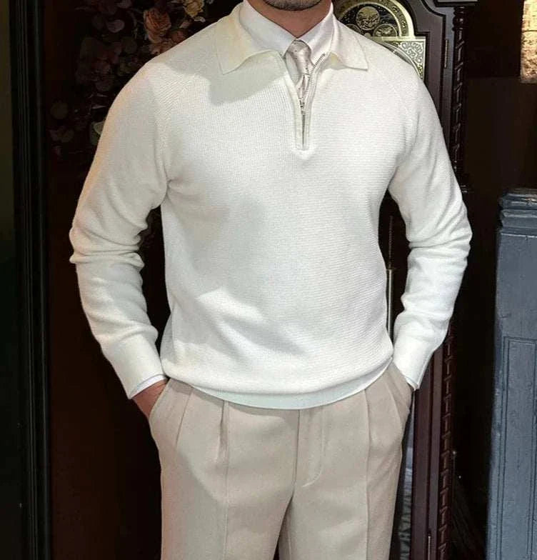 Oxford zipper sweater in white, designed for men with a solid pattern; ideal for casual or elegant style.