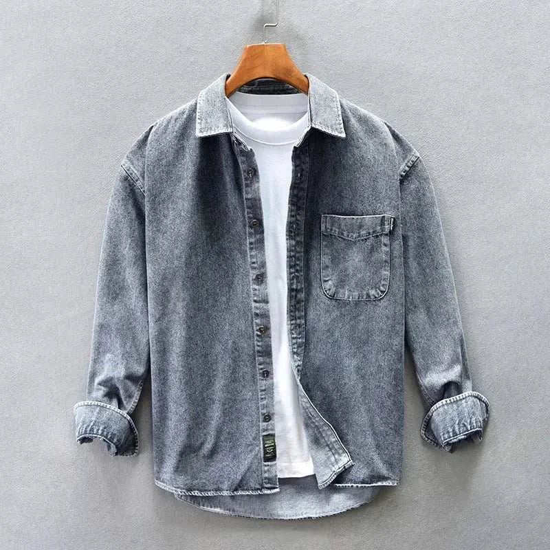 Retro vintage denim shirt; casual, breathable cotton for spring/summer.