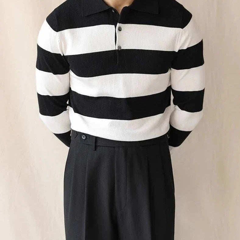 Oxford striped sweater in black and white, featuring a casual elegant design perfect for men.