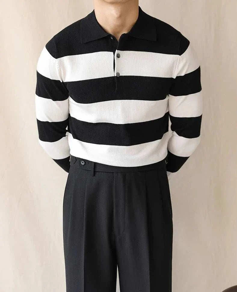 Oxford striped sweater in black and white, featuring a casual elegant design perfect for men.