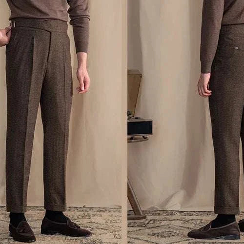Antonios vintage wool herringbone pants, smart casual full-length trousers.