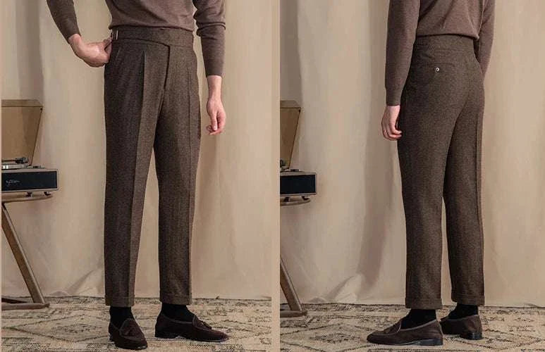 Antonios vintage wool herringbone pants, smart casual full-length trousers.