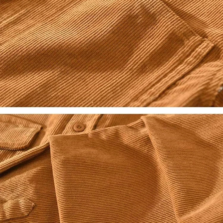 Close-up of brown cotton corduroy spring shirt fabric detailing.