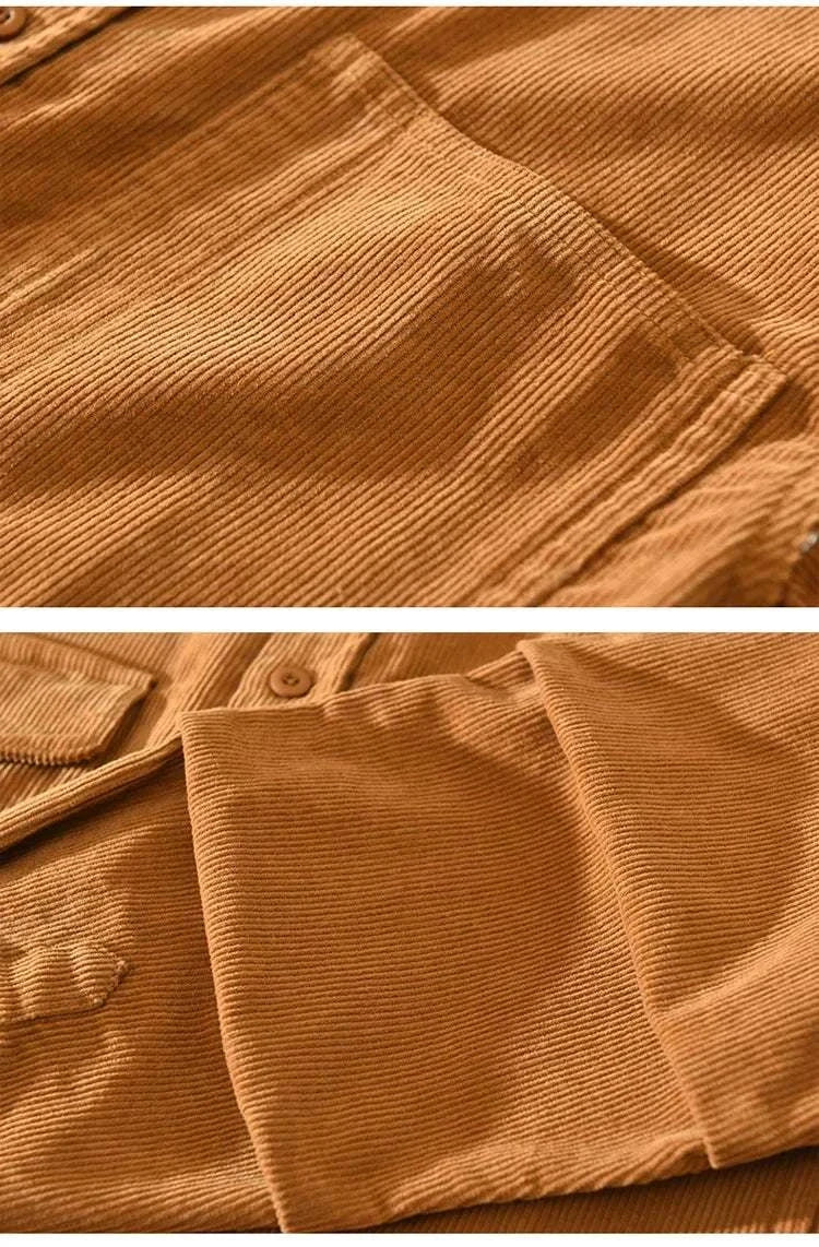 Close-up of brown cotton corduroy spring shirt fabric detailing.
