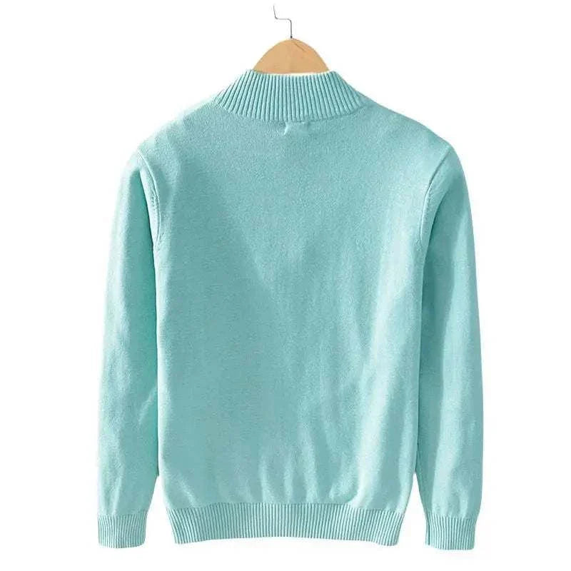 Autumn half zipper cotton sweater in light blue, comfortable fit for men.