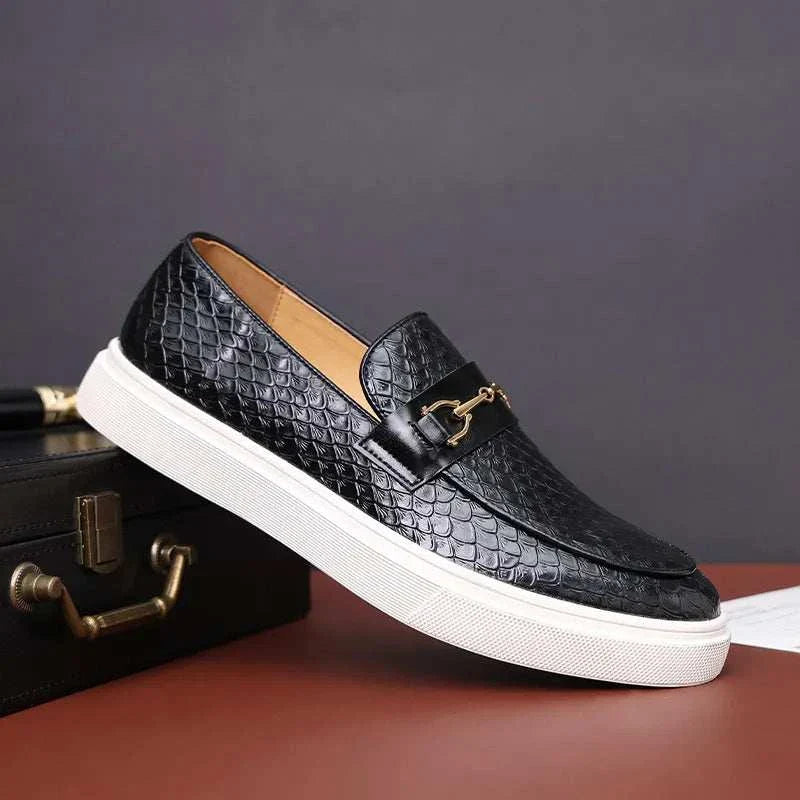 Embossed casual loafers in black with non-slip rubber outsole, ideal for men's elegant occasions.
