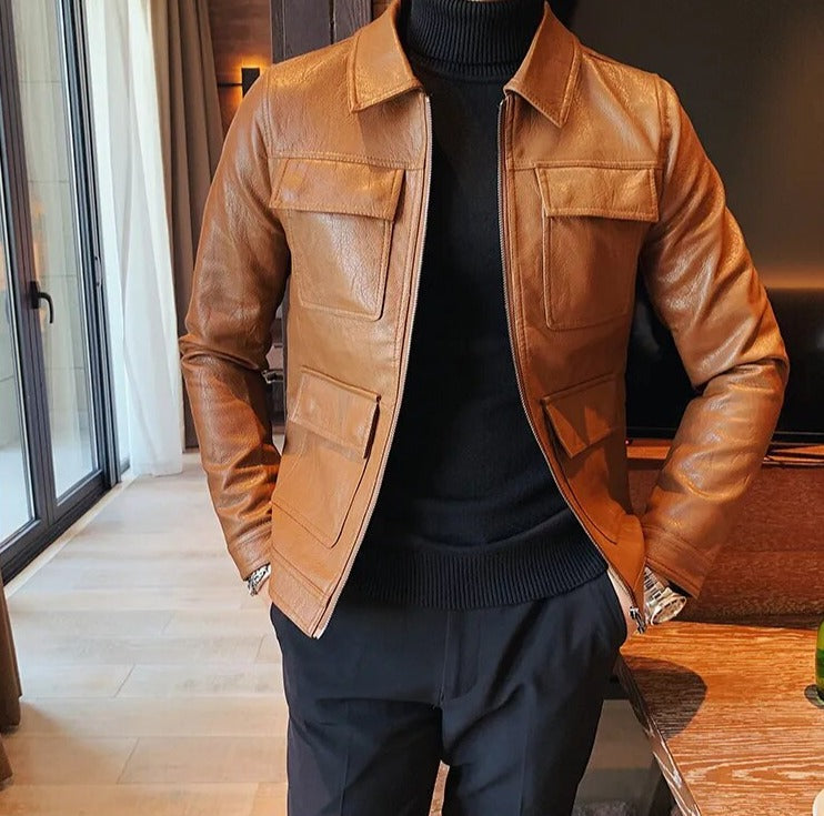 Men's casual elegant ECO leather jacket in brown, featuring solid pattern and durable eco-friendly materials.