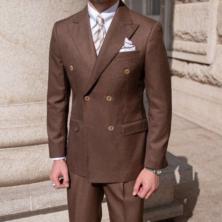 Antonios Double Breast Suit in brown, premium polyester fabric, sophisticated design, perfect for business or events.