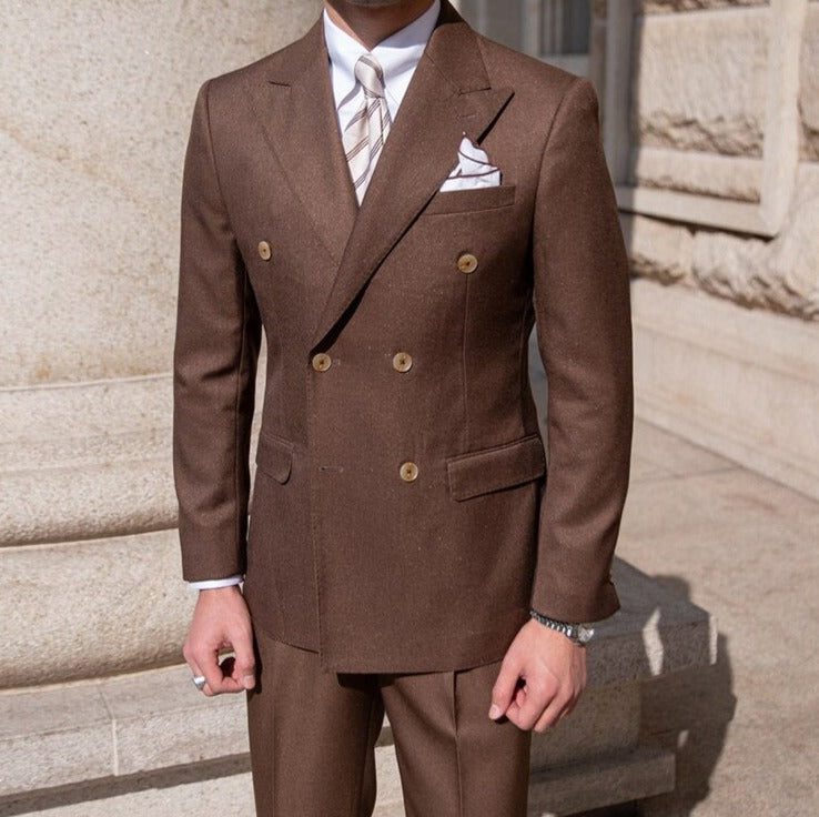 Antonios Double Breast Suit in brown, premium polyester fabric, sophisticated design, perfect for business or events.