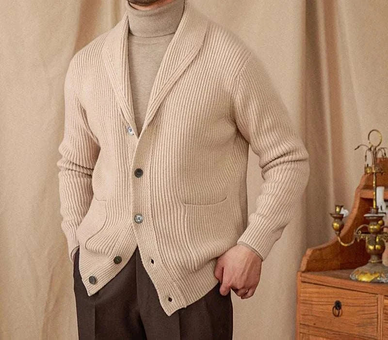 Autumn old money cardigan made of luxurious wool on a male model.