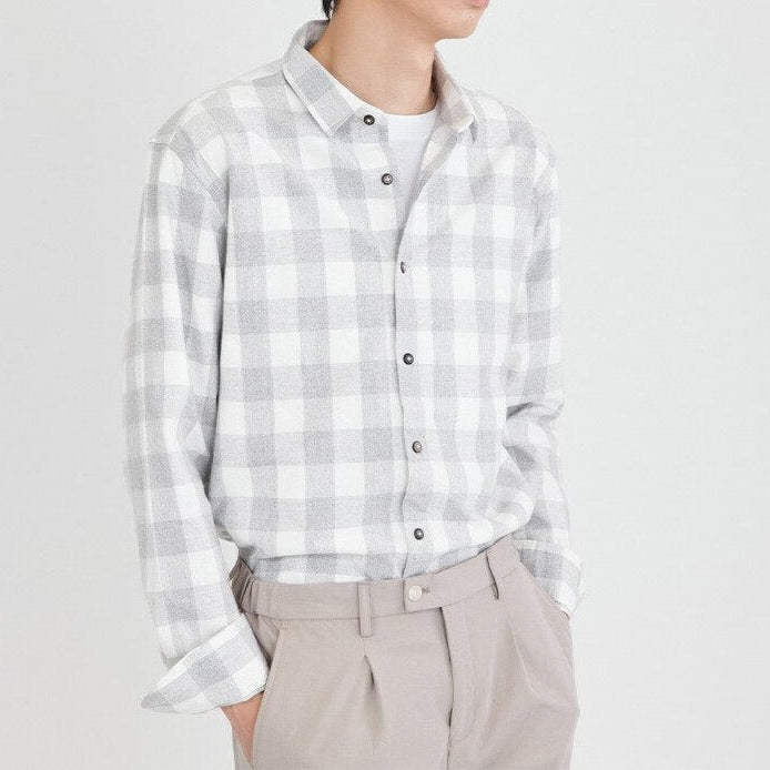 Maurice Plaid Shirt for men in grey check pattern, cotton-linen blend, casual fit.