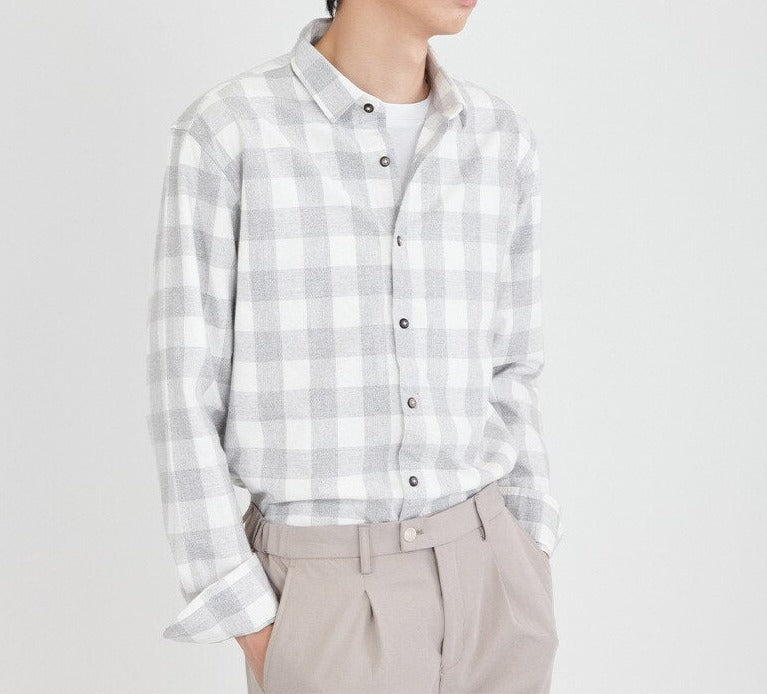 Maurice Plaid Shirt for men in grey check pattern, cotton-linen blend, casual fit.