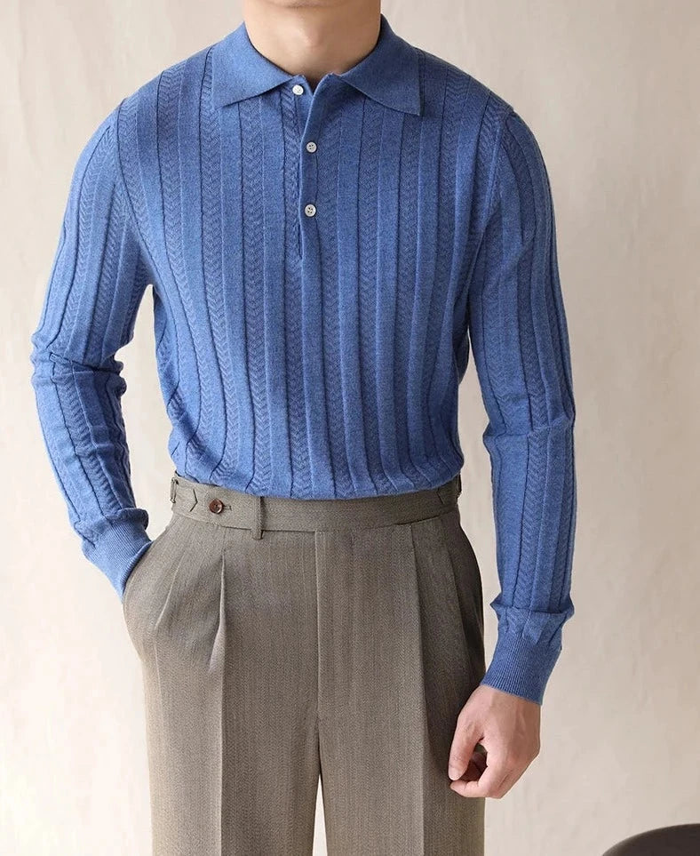 KOREAN premium sweater in blue with ribbed pattern, perfect for all seasons.