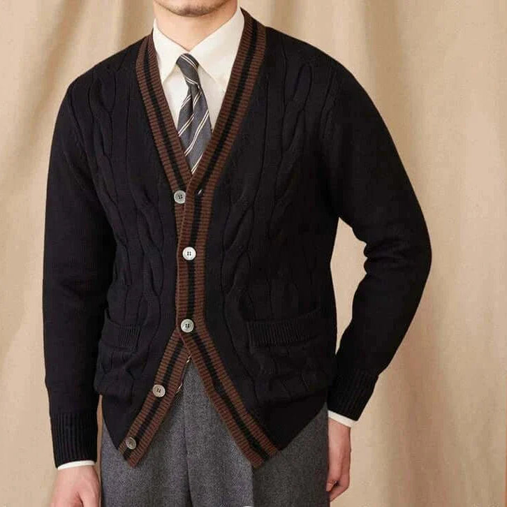 Antonios twisted knit cardigan in Italian vintage style made of thin wool for men.