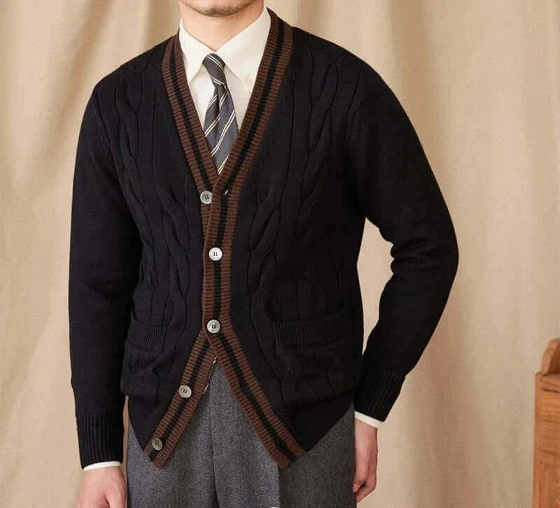 Antonios twisted knit cardigan in Italian vintage style made of thin wool for men.