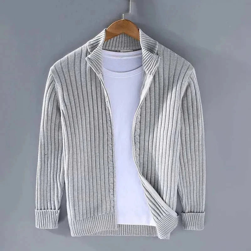 Autumn stand collar cotton cardigan for men in gray, 100% cotton, perfect for cool weather.