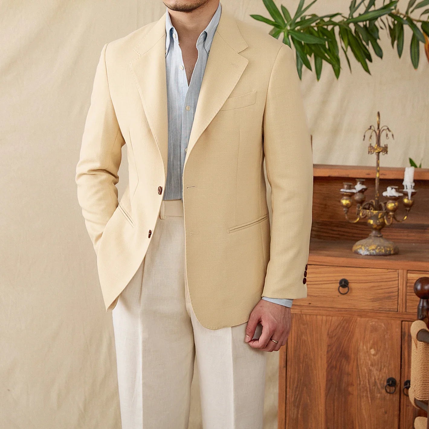 Business linen relaxation jacket for men, beige, polyester, perfect winter wear.